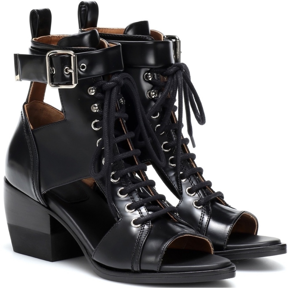 Chloé Rylee Cut-Out Leather Ankle Boot Heel Buckle Open-Toe Black EU 37.5 NIB